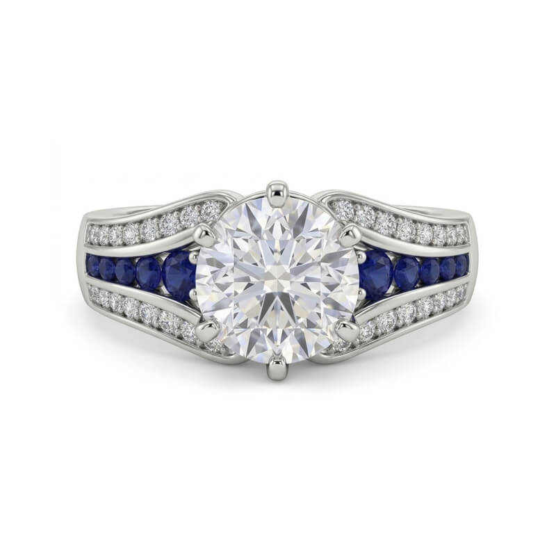 Round Moissanite Sapphire Triple-Row Pave Engagement Ring