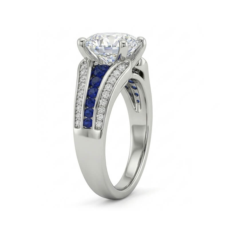 Round Moissanite Sapphire Triple-Row Pave Engagement Ring