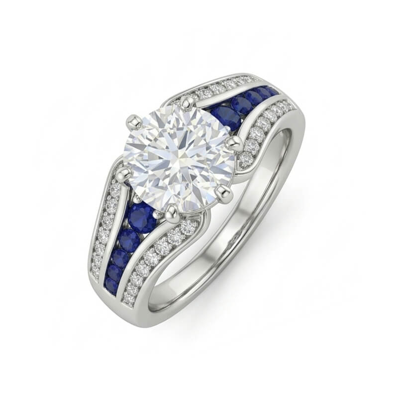 Round Moissanite Sapphire Triple-Row Pave Engagement Ring