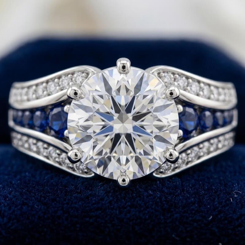 Round Moissanite Sapphire Triple-Row Pave Engagement Ring