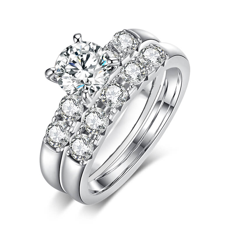 Round Moissanite Sidestone Bridal Engagement Ring Set