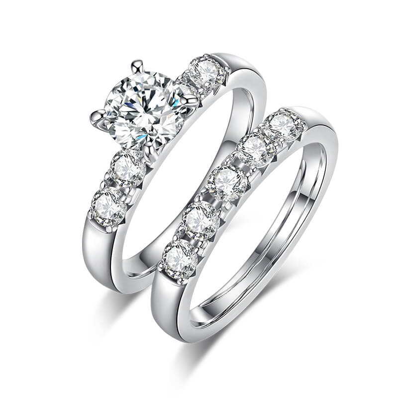 Round Moissanite Sidestone Bridal Engagement Ring Set