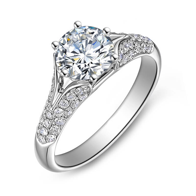 Round Moissanite Split Shank Pave Engagement Ring