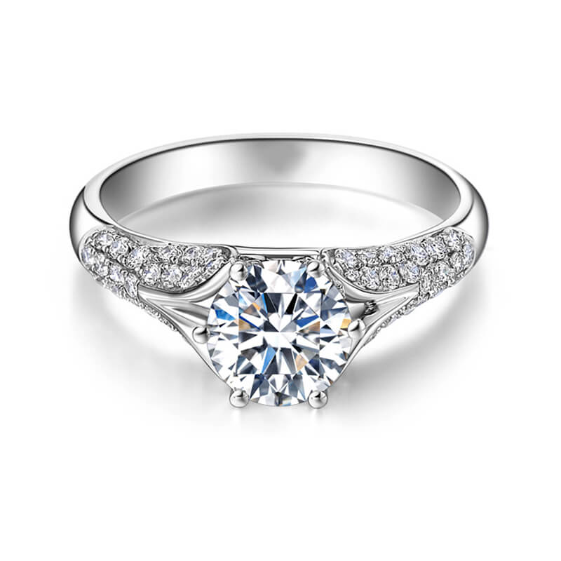 Round Moissanite Split Shank Pave Engagement Ring