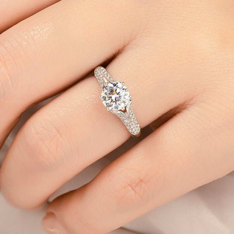 Round Moissanite Split Shank Pave Engagement Ring