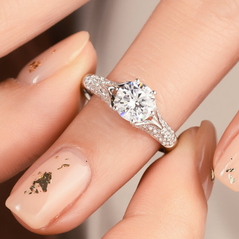 Round Moissanite Split Shank Pave Engagement Ring