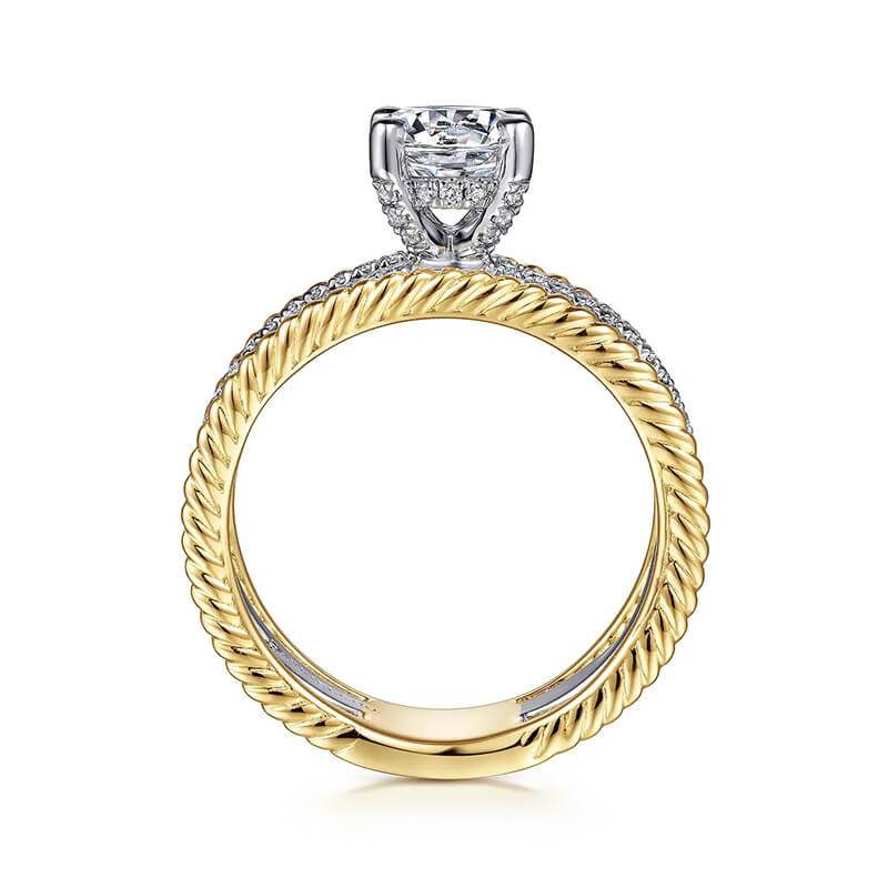 Round Moissanite Twisted Pave Ropes Edges Two Tone Engagement Ring