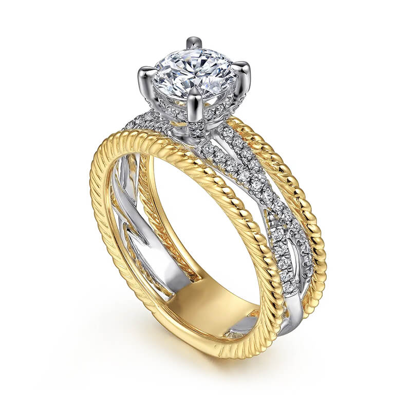 Round Moissanite Twisted Pave Ropes Edges Two Tone Engagement Ring