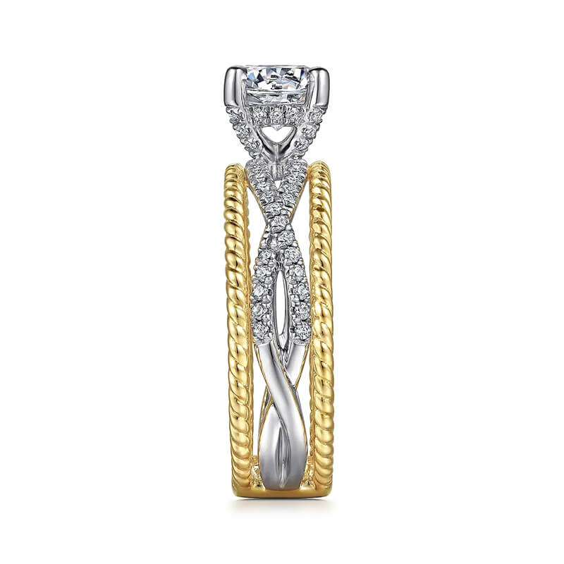 Round Moissanite Twisted Pave Ropes Edges Two Tone Engagement Ring