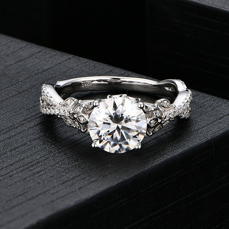 Round Moissanite Twisted Vine Pave Engagement Ring