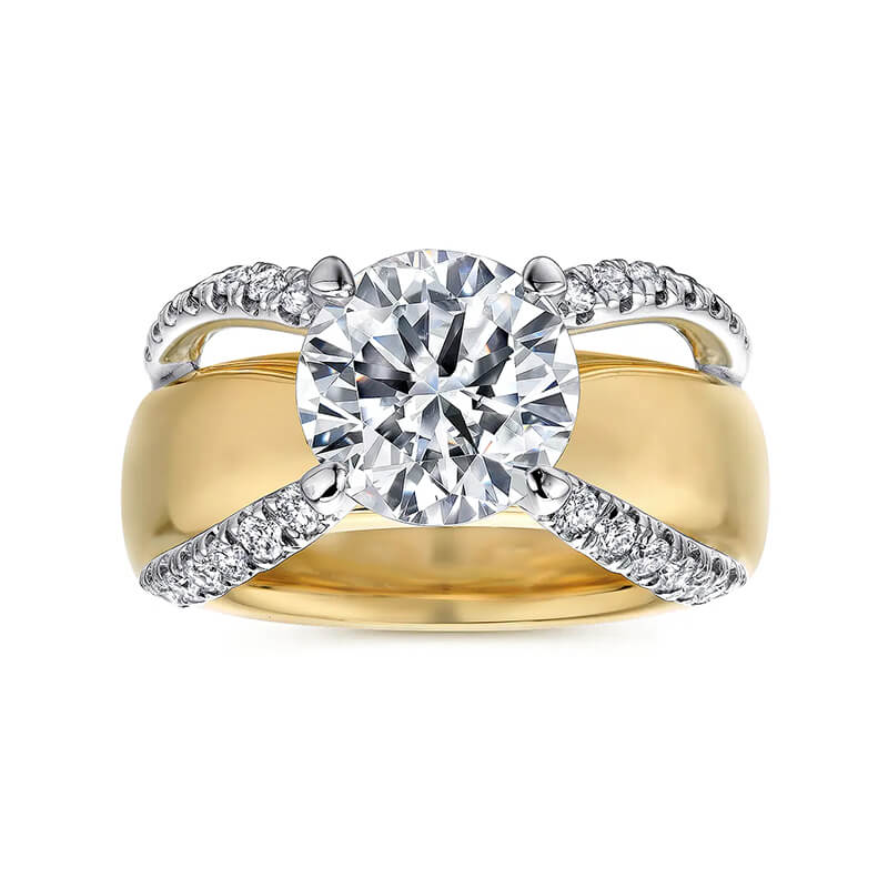 Round Moissanite Two Rows Pave Wide Band Engagement Ring
