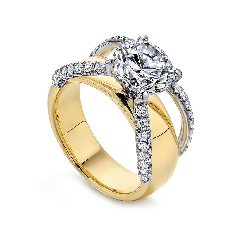 Round Moissanite Two Rows Pave Wide Band Engagement Ring