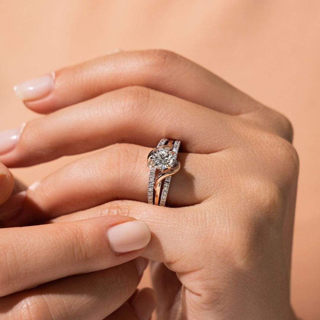 Round Moissanite Two Tone Vine Split Shank Pave Engagement Ring