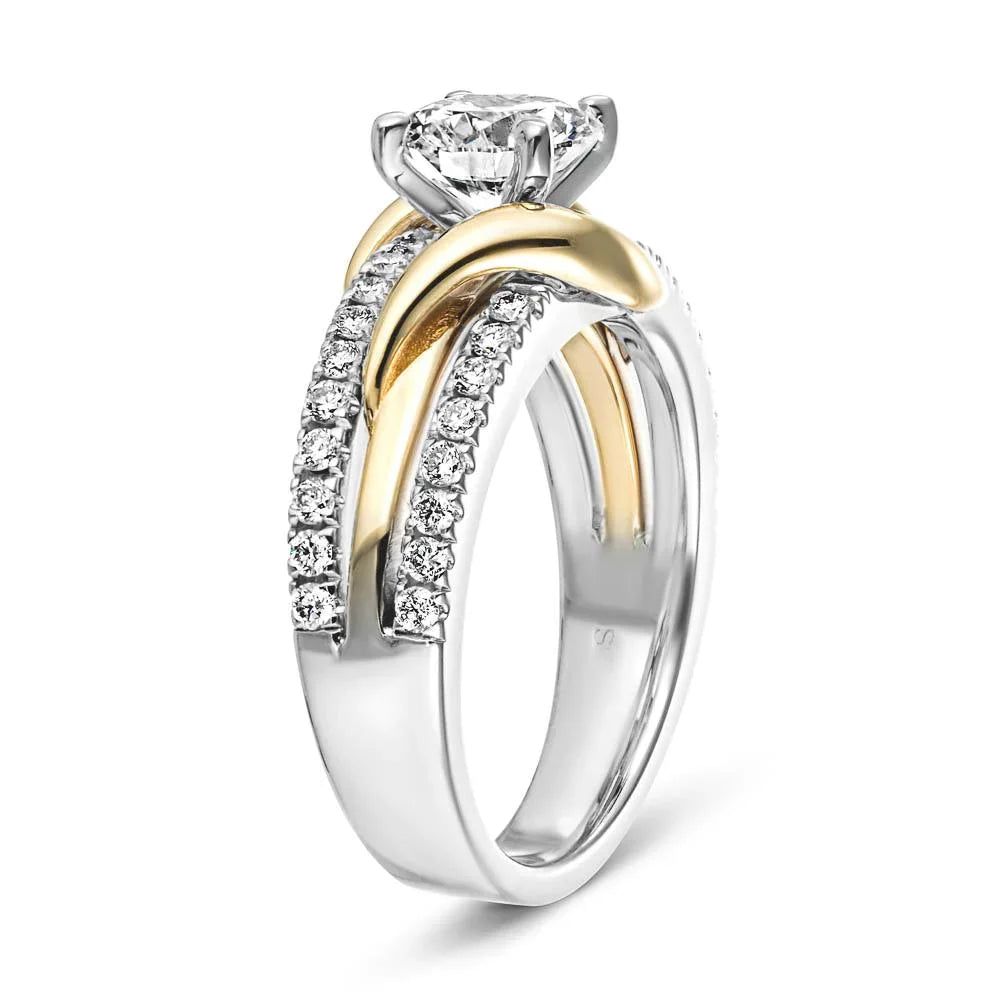 Round Moissanite Two Tone Vine Split Shank Pave Engagement Ring