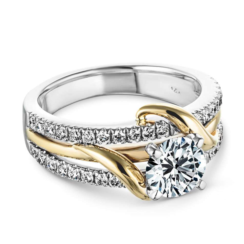 Round Moissanite Two Tone Vine Split Shank Pave Engagement Ring