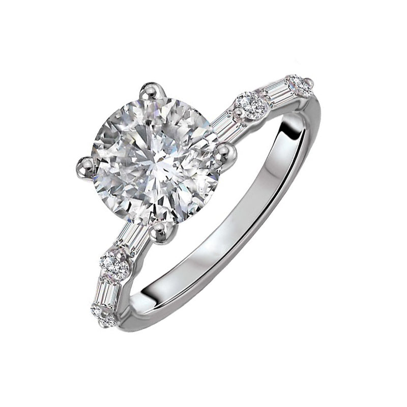Round Moissanite With Alternating Baguette And Round Accents Engagement Ring