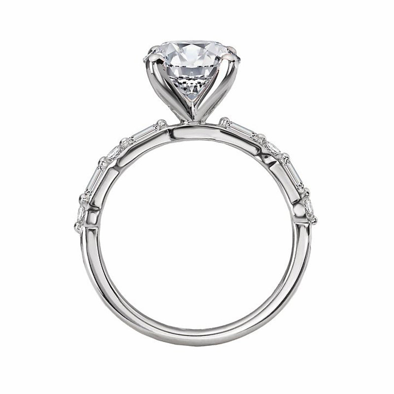 Round Moissanite With Alternating Baguette And Round Accents Engagement Ring