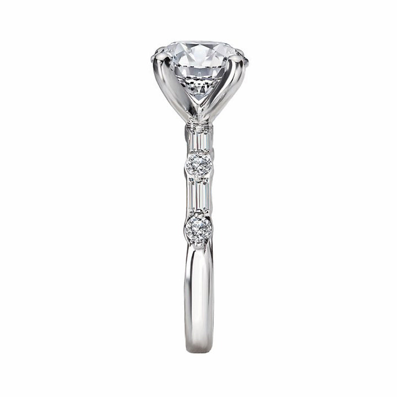 Round Moissanite With Alternating Baguette And Round Accents Engagement Ring