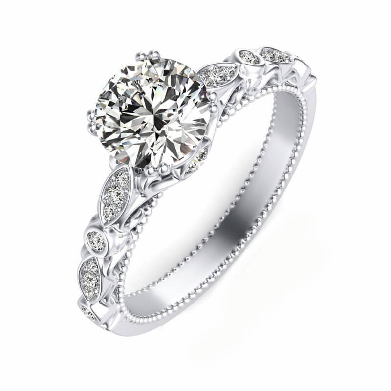 Round Moissanite With  Marquise And Round Accents Scroll Engagement Ring