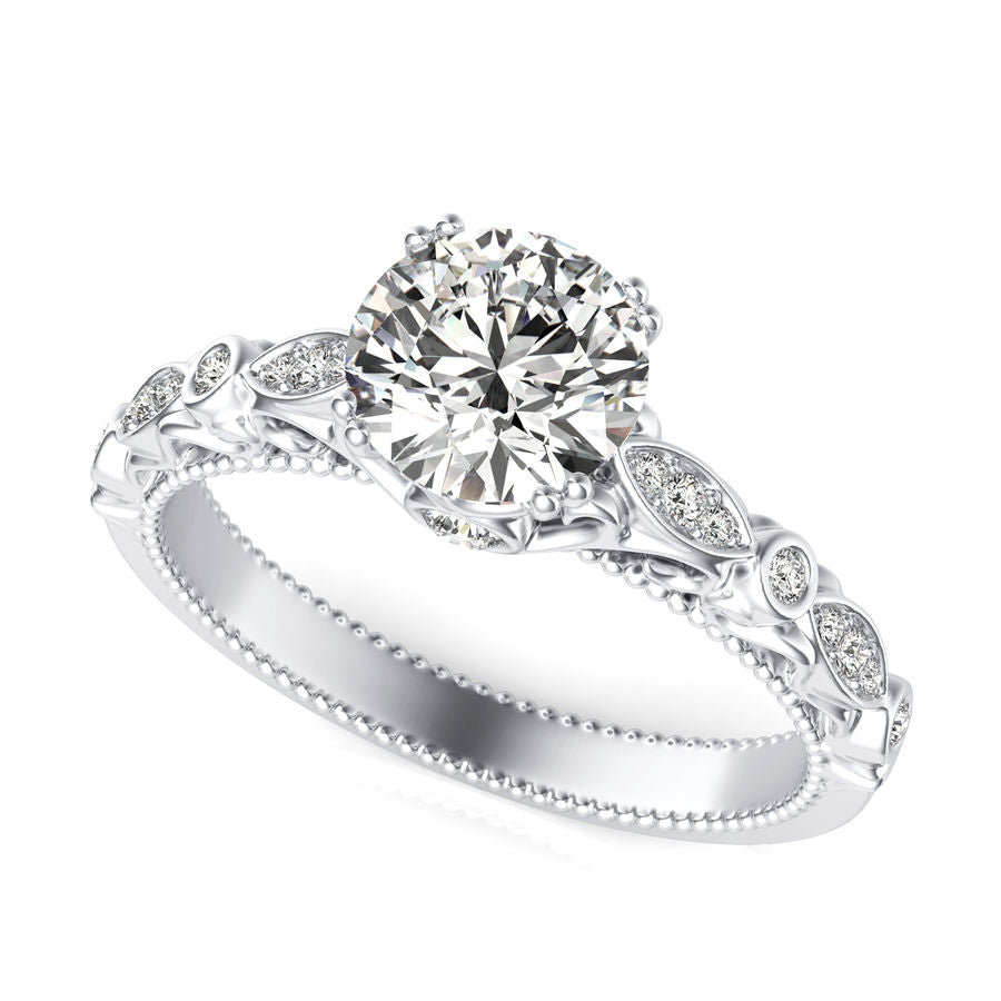 Round Moissanite With  Marquise And Round Accents Scroll Engagement Ring