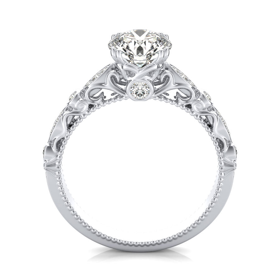 Round Moissanite With  Marquise And Round Accents Scroll Engagement Ring