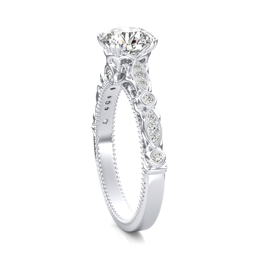 Round Moissanite With  Marquise And Round Accents Scroll Engagement Ring