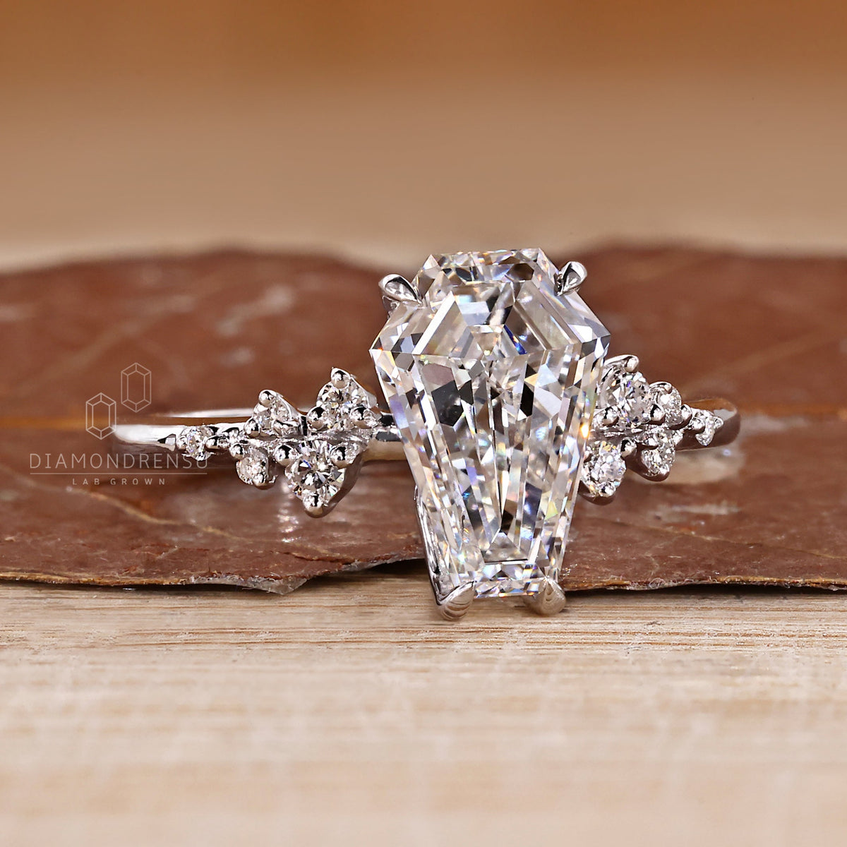 Cluster Diamond Ring with Coffin Center Stone and Tulip Setting