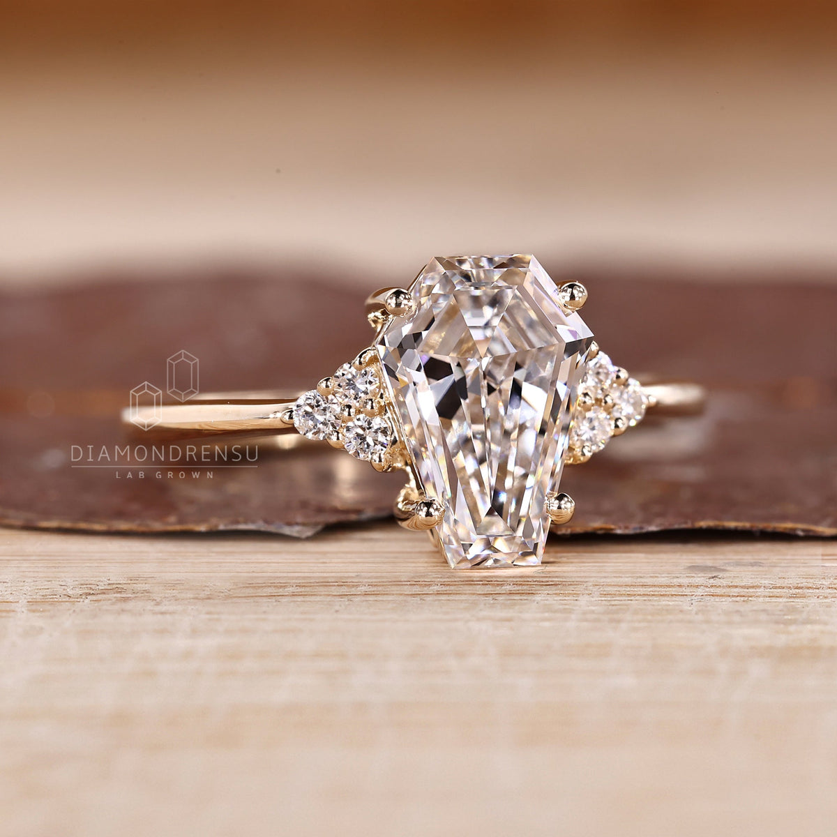 Coffin Cut Diamond Ring with Round Side Stones and Muse Setting