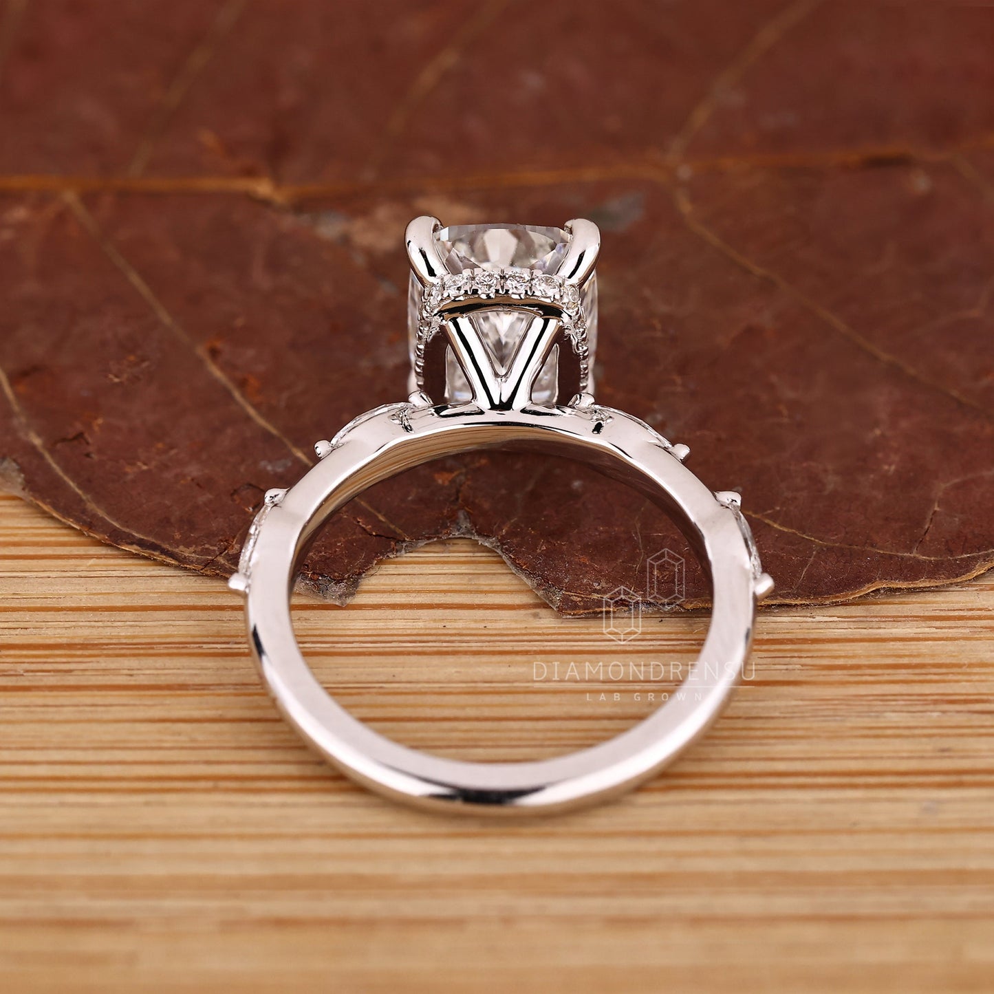 Elongated Cushion Cut Diamond Ring in Distance Pave Setting