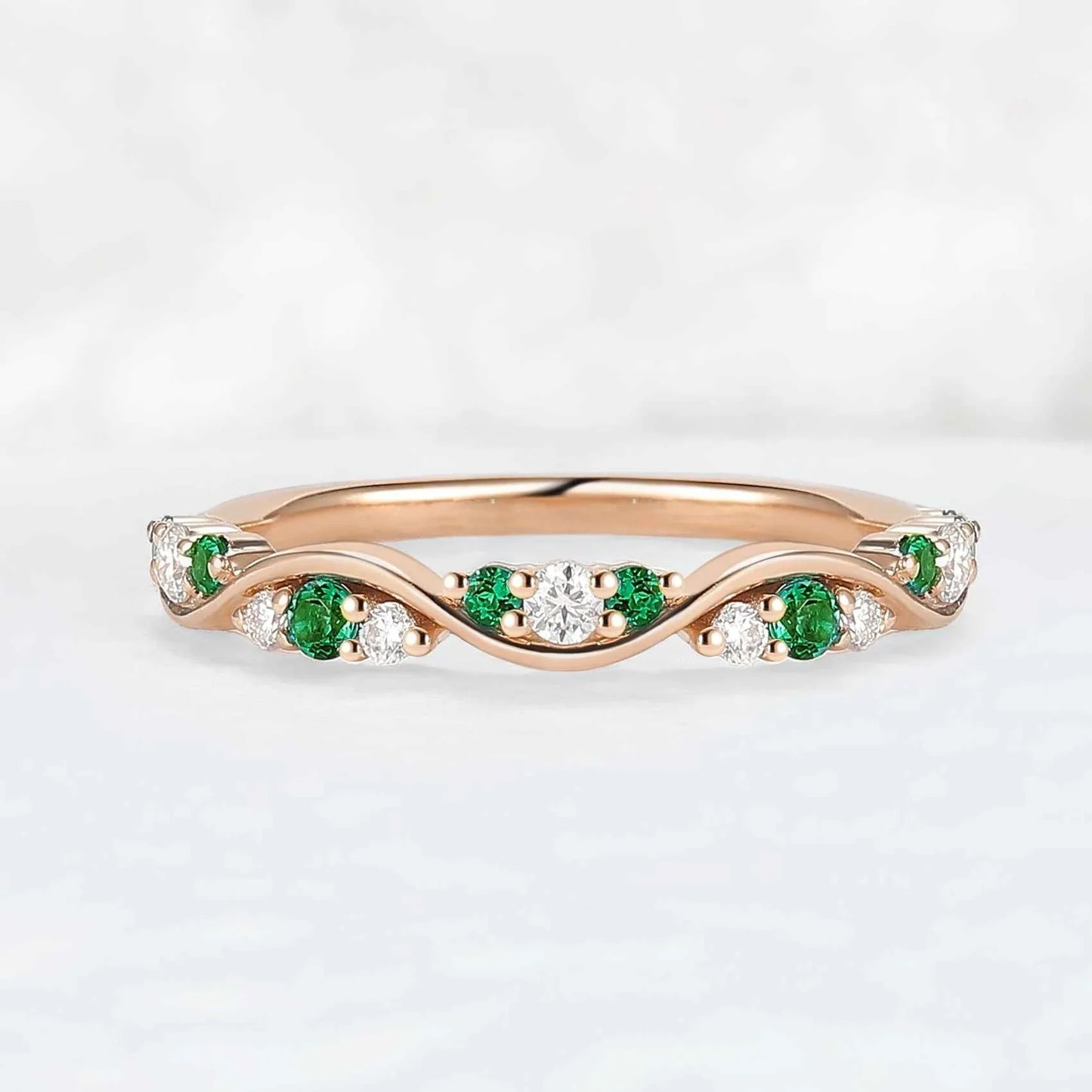 Half Eternity Round Cut Emerald and Moissanite Straight Ring