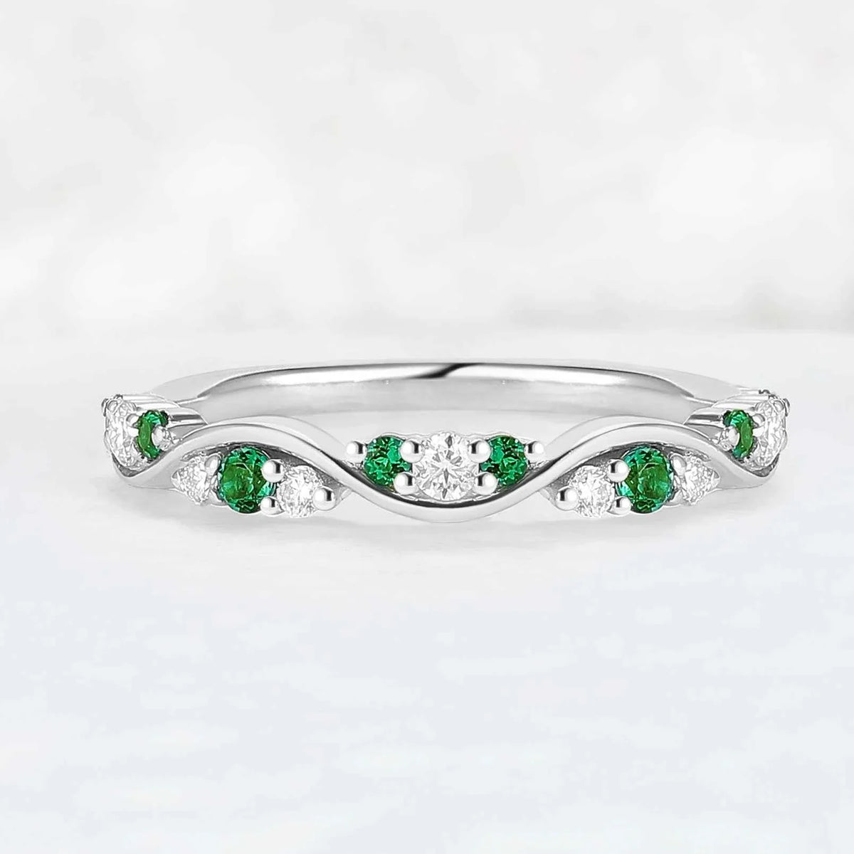 Half Eternity Round Cut Emerald and Moissanite Straight Ring