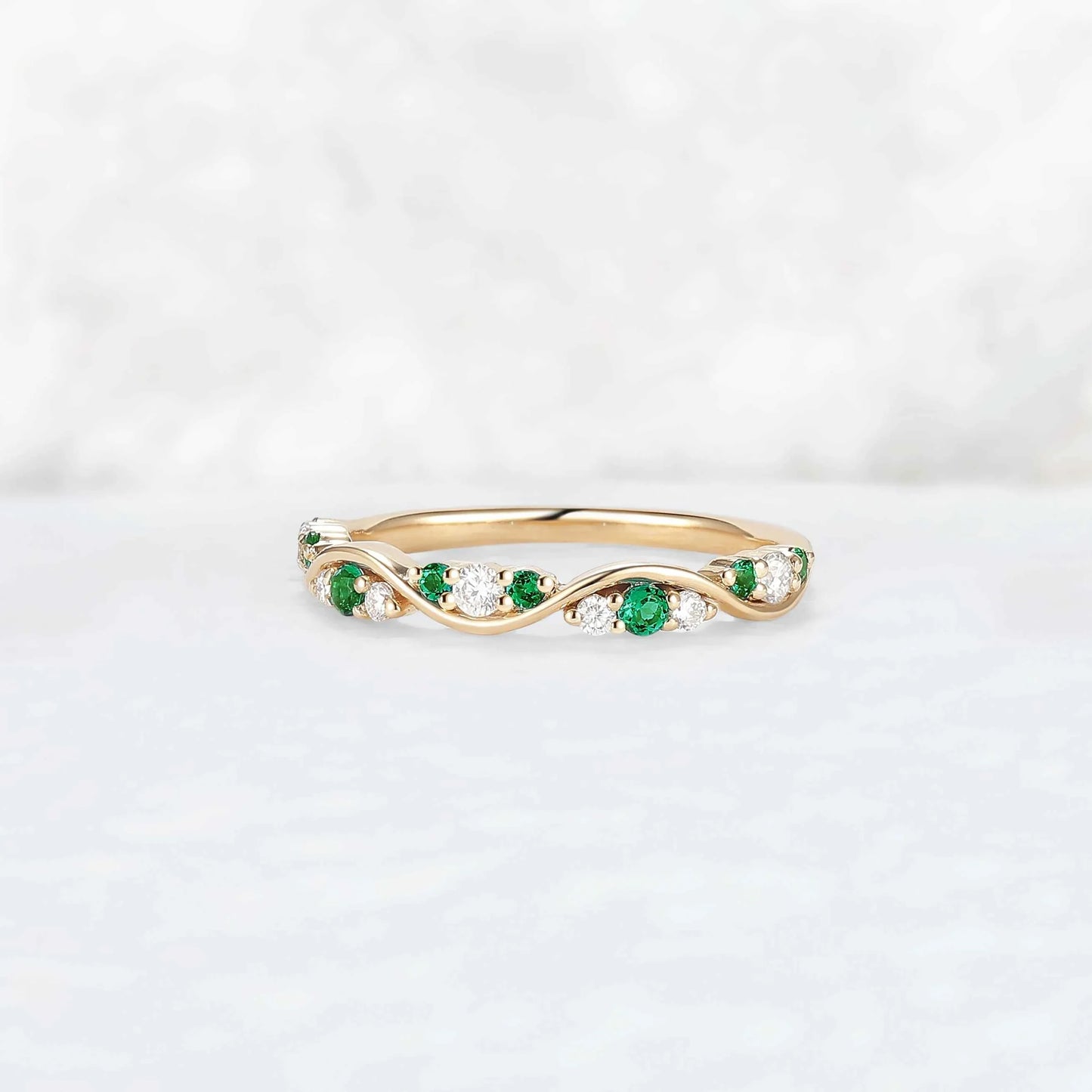 Half Eternity Round Cut Emerald and Moissanite Straight Ring