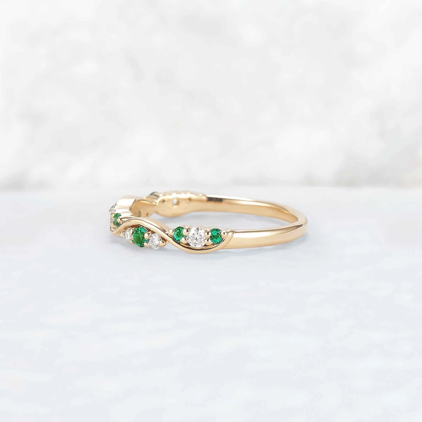Half Eternity Round Cut Emerald and Moissanite Straight Ring