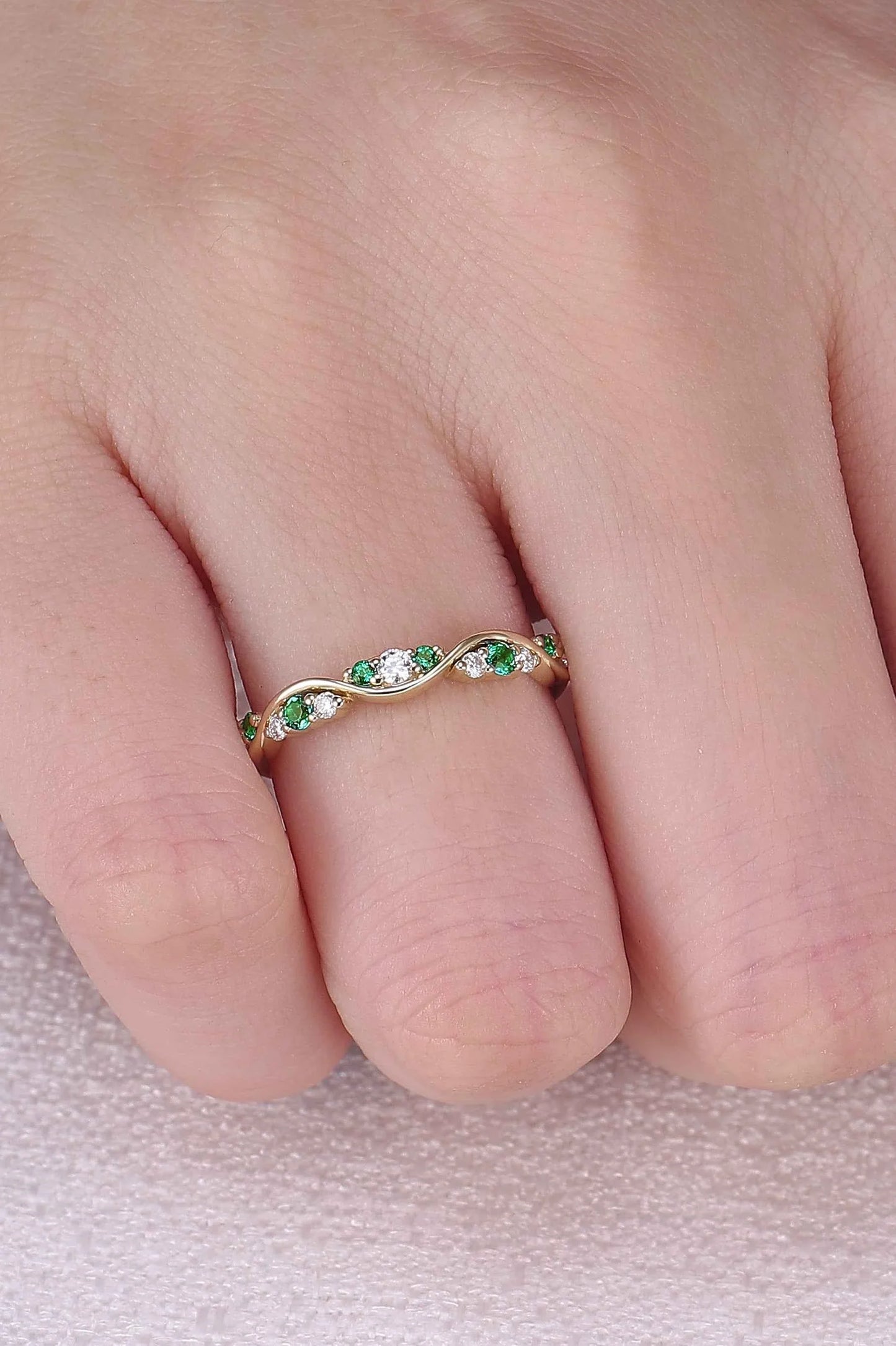 Half Eternity Round Cut Emerald and Moissanite Straight Ring