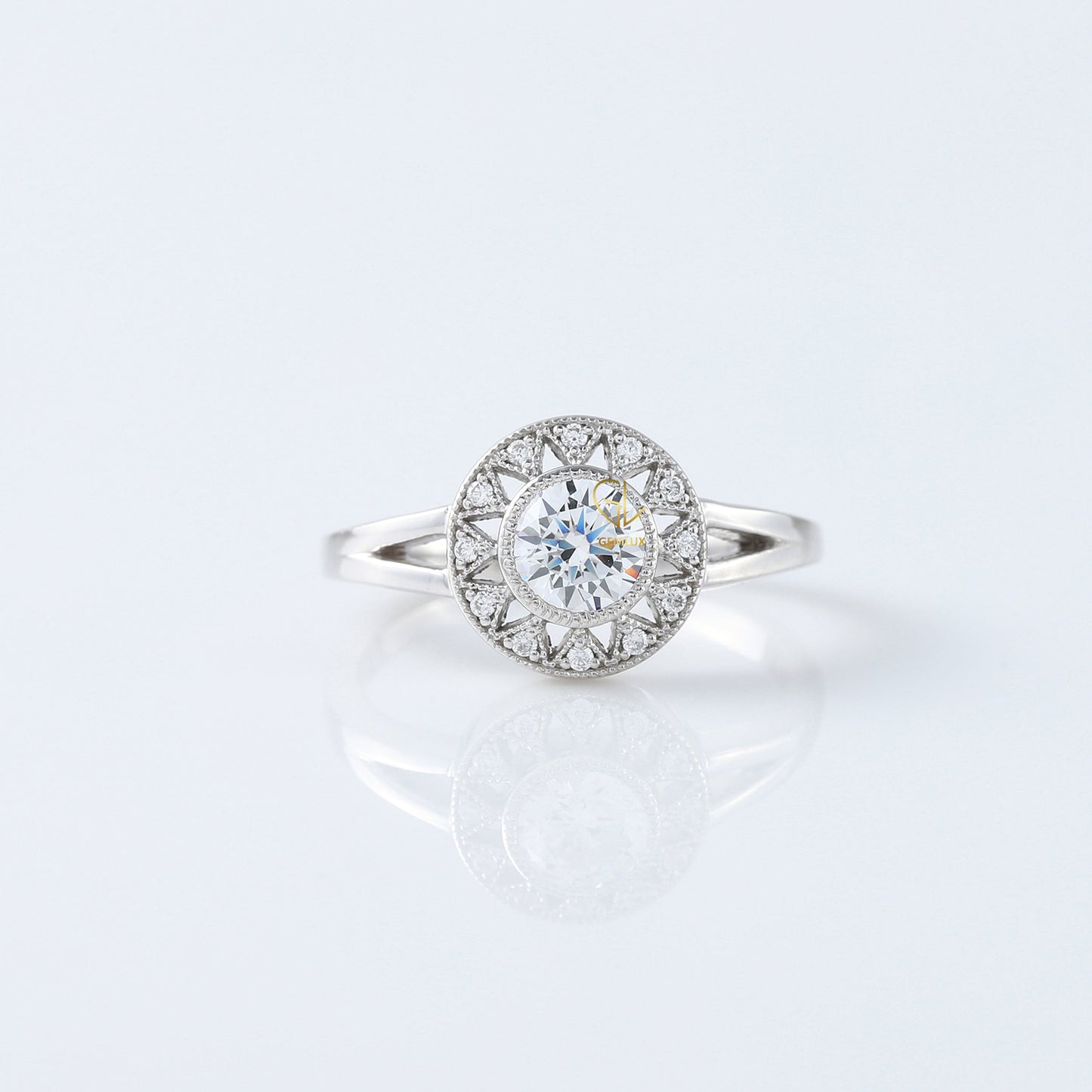 Round Cut Lab Grown Art Deco Split Shank Halo Engagement Ring