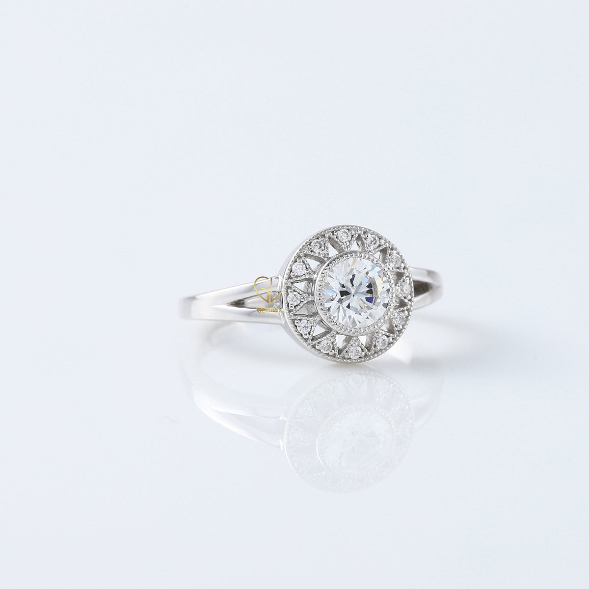 Round Cut Lab Grown Art Deco Split Shank Halo Engagement Ring