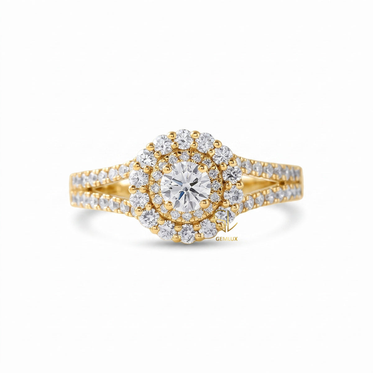 Round Cut Lab Grown Diamond Split Shank Double Halo Engagement Ring