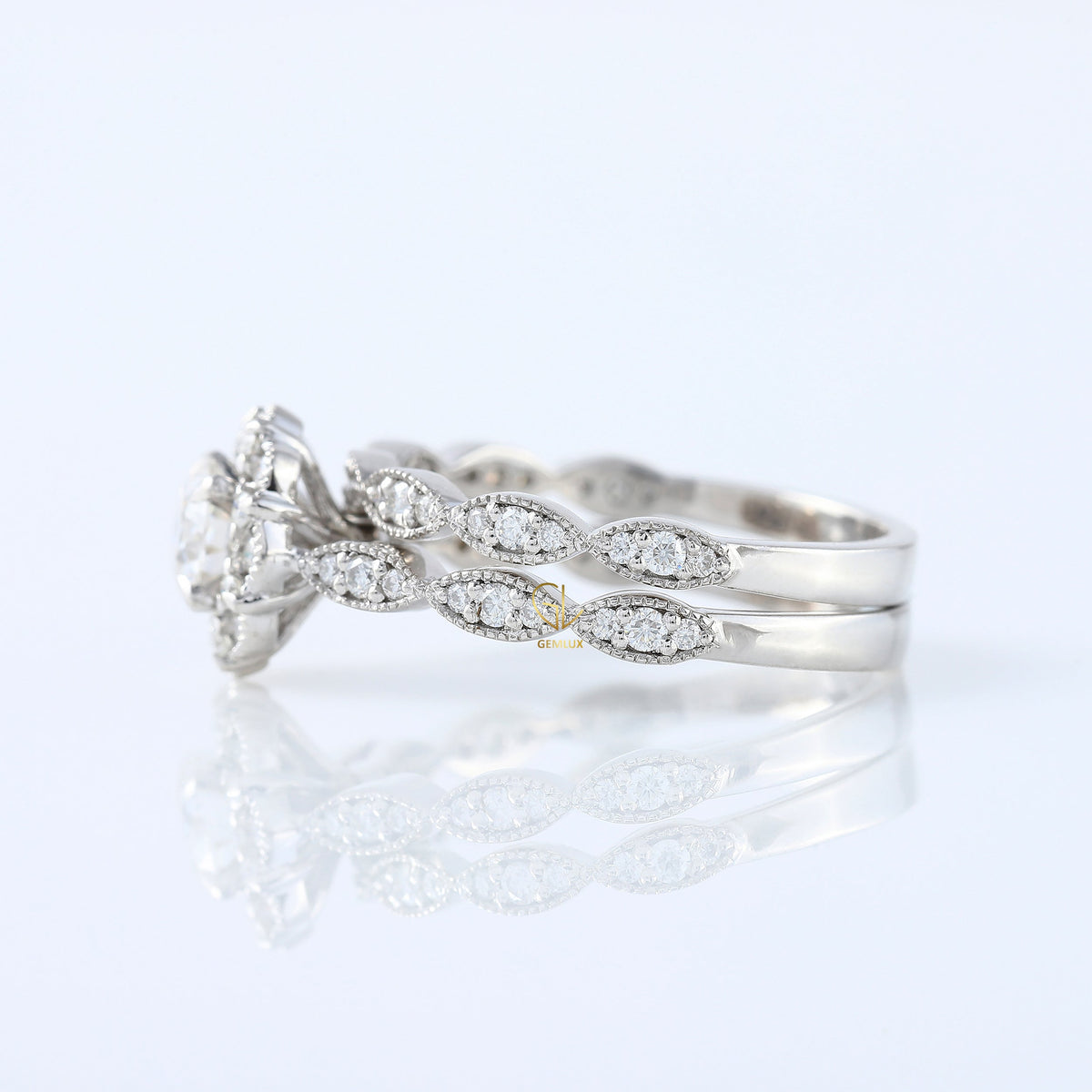 Round Cut Lab Grown Diamond Vintage Art Deco Ring Set