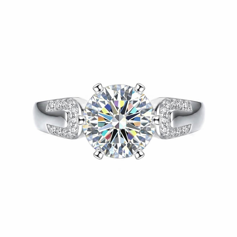 Round Cut Moissanite Engagement Ring with Fluid Pave Accents