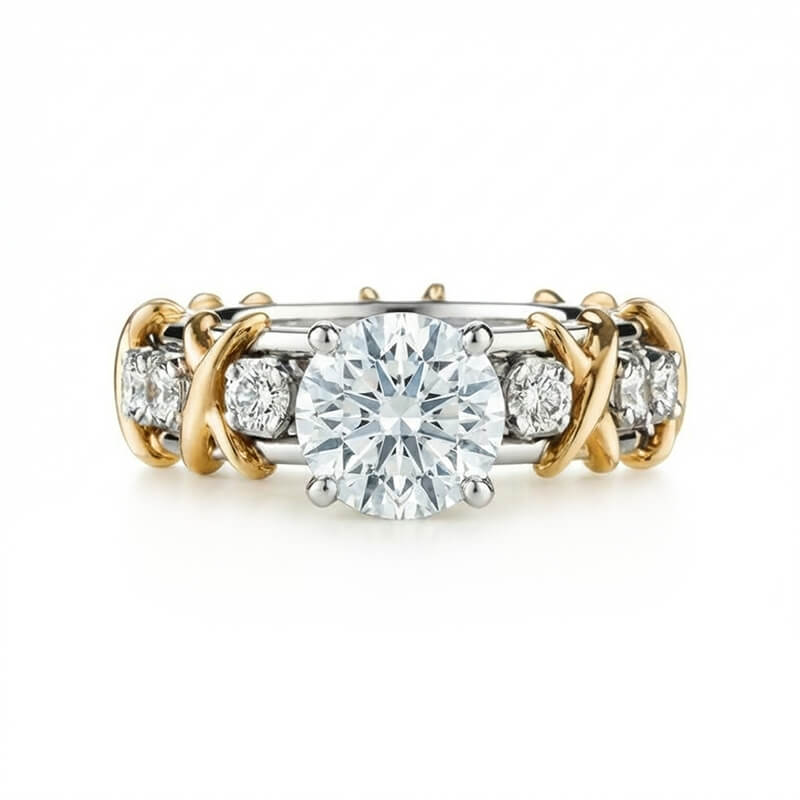 Round Cut Moissanite Two-Tone Infinity Crisscross X Engagement Ring