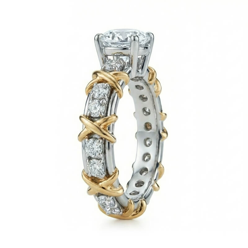 Round Cut Moissanite Two-Tone Infinity Crisscross X Engagement Ring