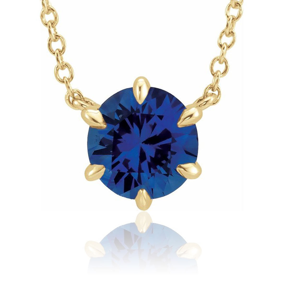 Round Lab-Grown Blue Sapphire Six Prong Set Pendant Necklace