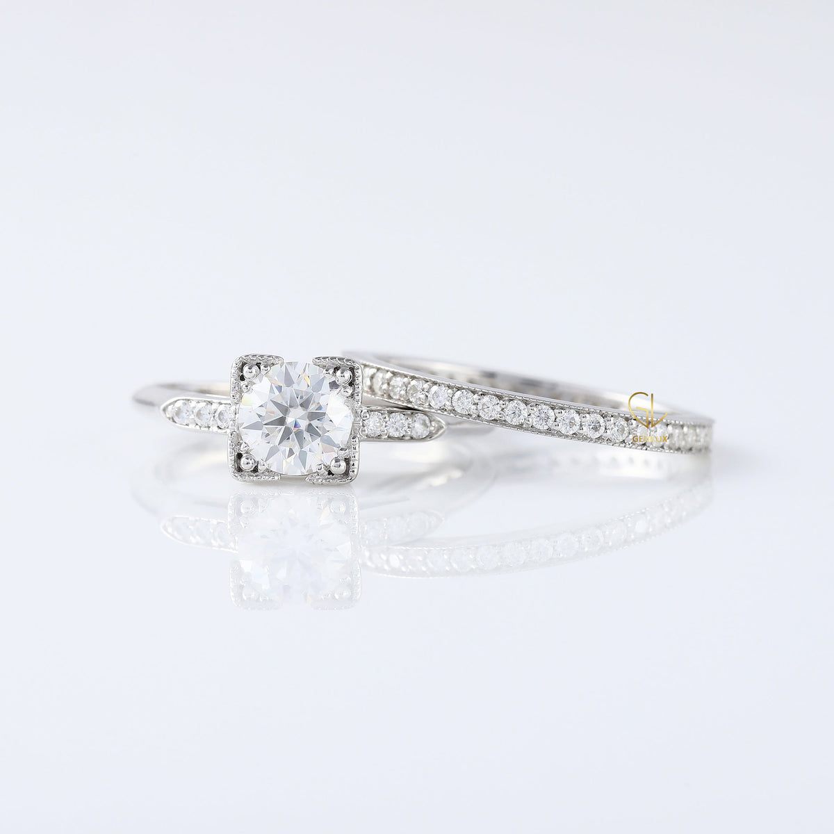Round Moissanite Art Deco Milgrain Bridal Ring Set