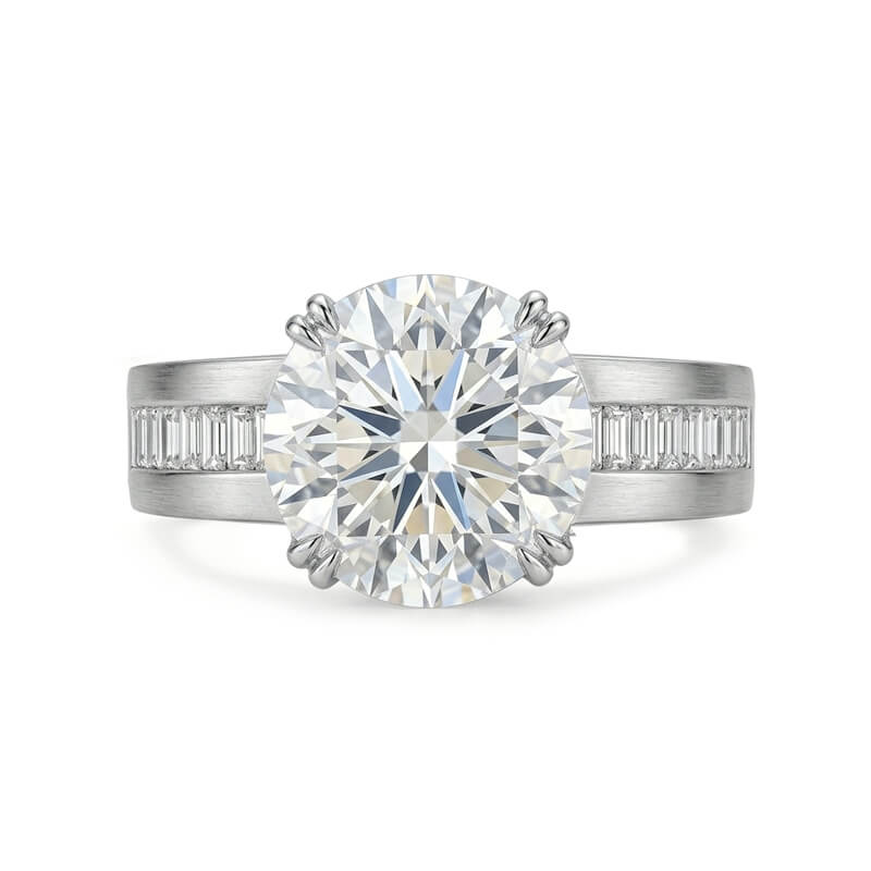 Round Moissanite Baguette Channel Set Accents Engagement Ring