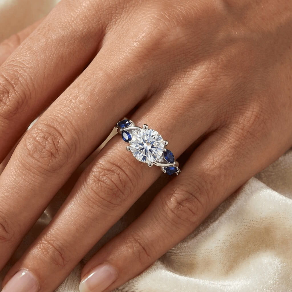 Round Moissanite Curved Vine Sapphire Accents Pave Engagement Ring