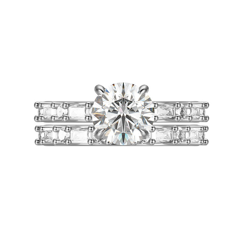 Round Moissanite With Alternating Baguette And Round Accents Engagement Ring