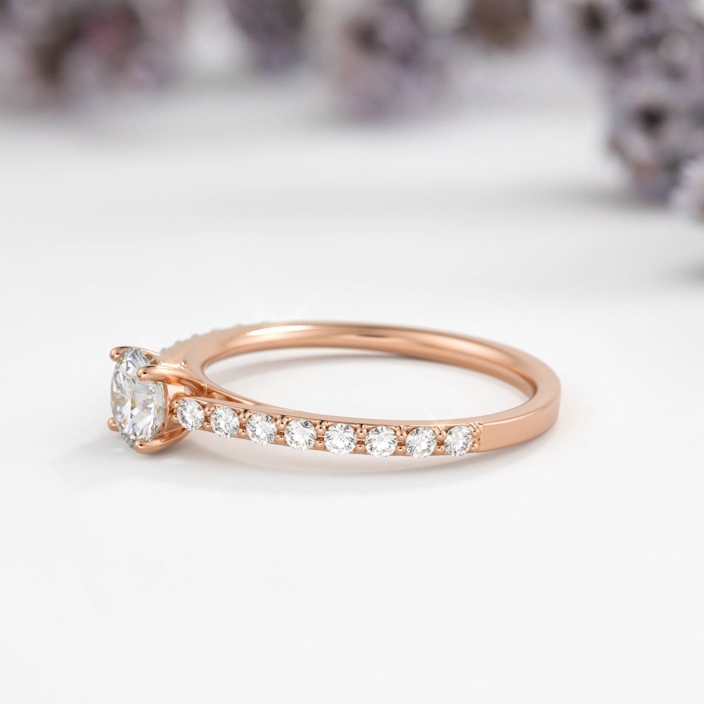 Round Pave Solitaire Lab Diamond Engagement Ring