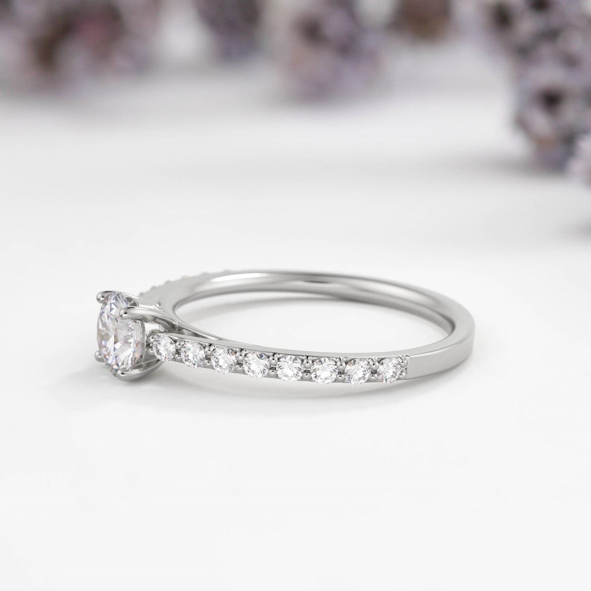 Round Pave Solitaire Lab Diamond Engagement Ring