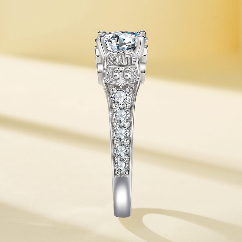 Route 66 Inspired Moissanite Sidestones Accents Engagement Ring