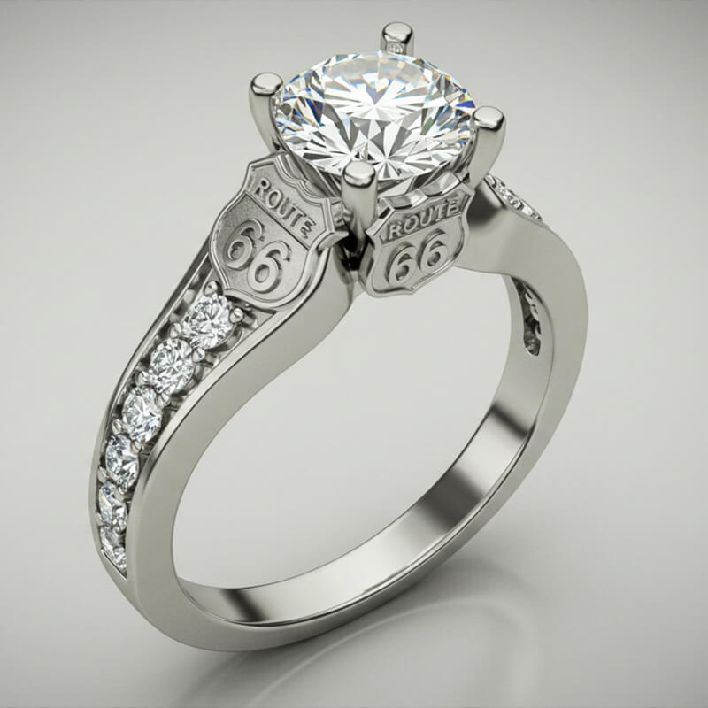 Route 66 Inspired Moissanite Sidestones Accents Engagement Ring